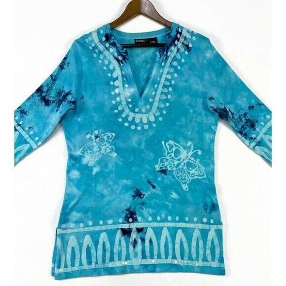 National Geographic Top Women's Large Aquamarine 3/4 Sleeves Butterflies V-Neck - Picture 1 of 7